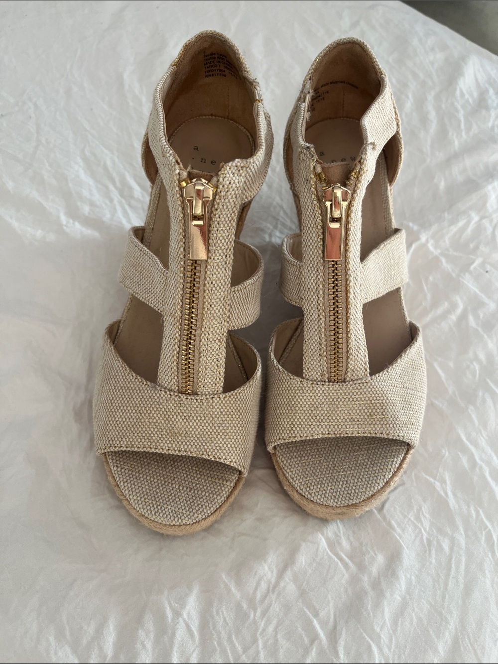 a new day Beige Canvas Espadrille Wedge Sandals with Front Zip